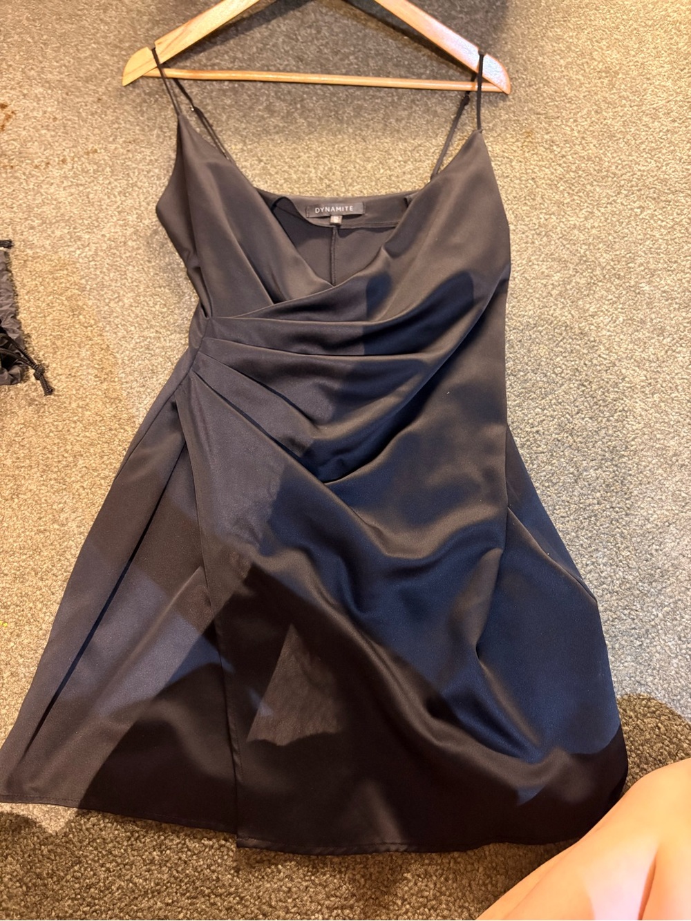 Dynamite Black Satin Mini Slip Dress with Draped Waist
